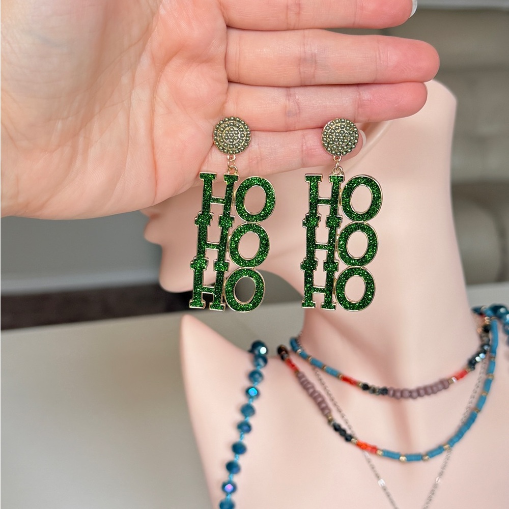 Green 'HO HO HO' Glitter Drop Earrings - Picture 8 of 9